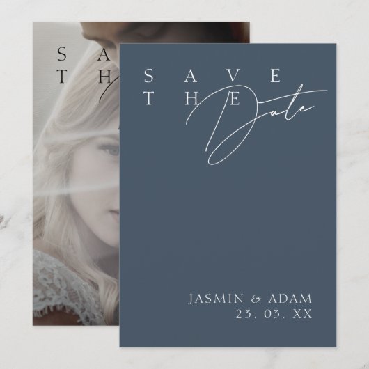 Save The Date Simple Royal Blue Opulence Modern Photo Mariage (Devant / Derrière)