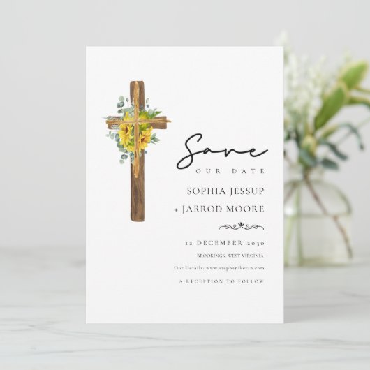 Save The Date Simple Rustique Croix de bois Mariage de verdure (Debout devant)