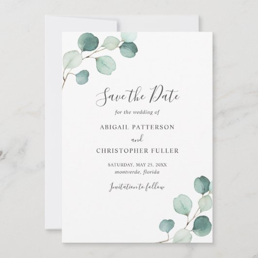 Save The Date Simple Rustique Eucalyptus Verdure Mariage élégant (Devant)