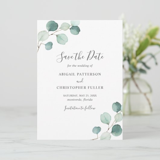 Save The Date Simple Rustique Eucalyptus Verdure Mariage élégant (Debout devant)