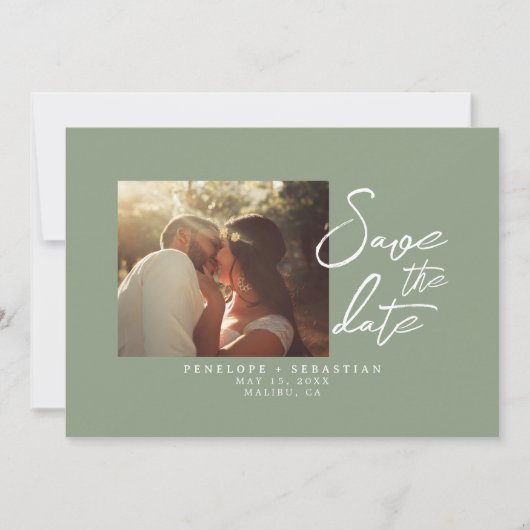 Save The Date Simple Sage Green Calligraphy Boho Mariage photo (Devant)