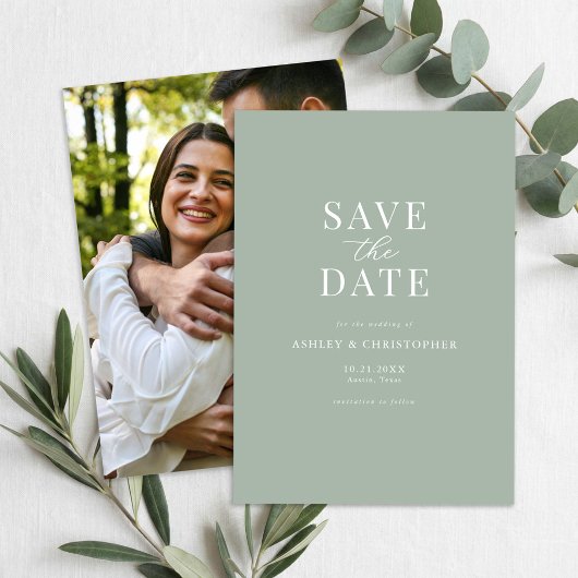 Save The Date Simple Sage Green Elegant Photo Wedding