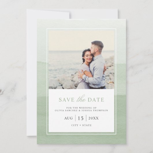 Save The Date Simple Sage Moderne Vert Aquarelle Photo Enregistr (Devant)