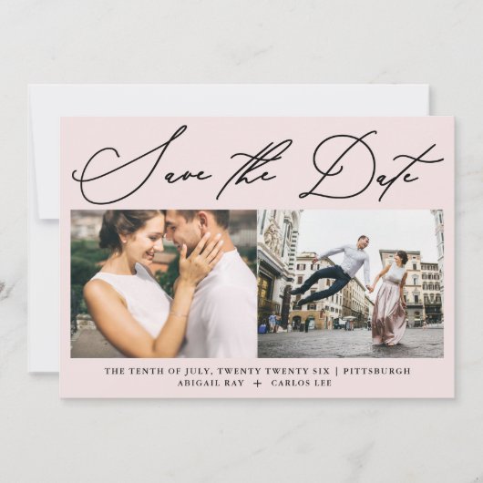 Save The Date Simple Script Blush Rose Deux Photo Moderne (Devant)