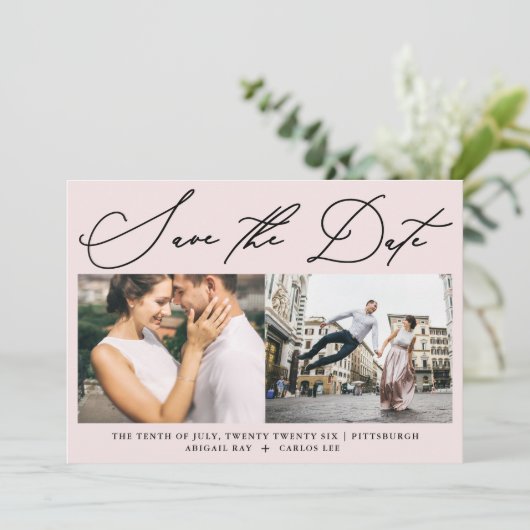 Save The Date Simple Script Blush Rose Deux Photo Moderne (Debout devant)