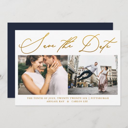 Save The Date Simple Script Faux Gold Two Photo Modern (Devant / Derrière)