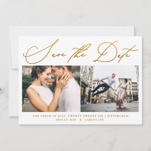 Save The Date Simple Script Faux Gold Two Photo Modern (Devant)