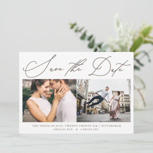 Save The Date Simple Script Neutre Deux Photo Moderne Enregistre (Debout devant)