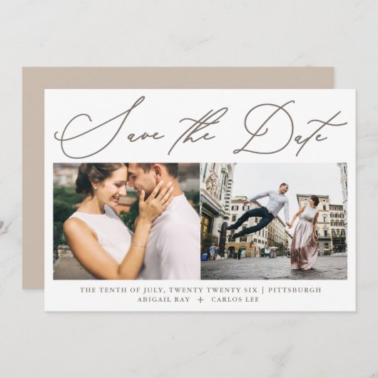Save The Date Simple Script Neutre Deux Photo Moderne Enregistre (Devant / Derrière)