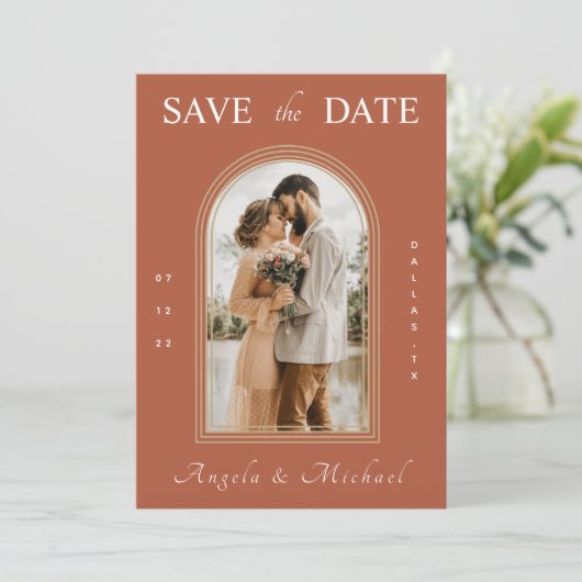 Save The Date Simple Terracotta Arch Fiançailles Photo Boho Brow (Debout devant)