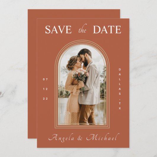 Save The Date Simple Terracotta Arch Fiançailles Photo Boho Brow (Devant / Derrière)