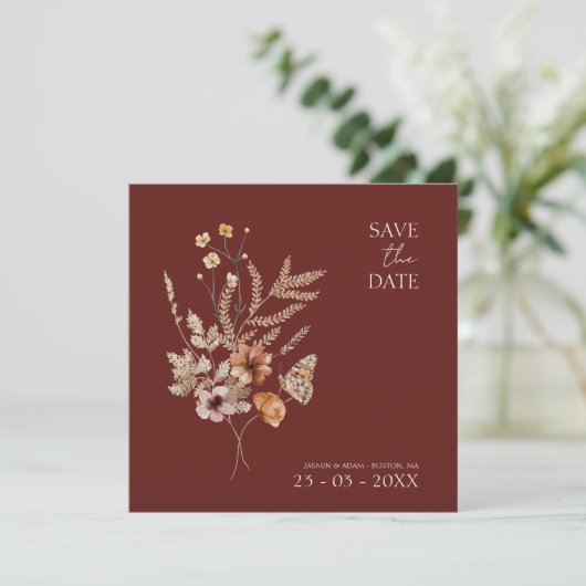 Save The Date Simple Terracotta Automne Fleur sauvage Mariage (Debout devant)