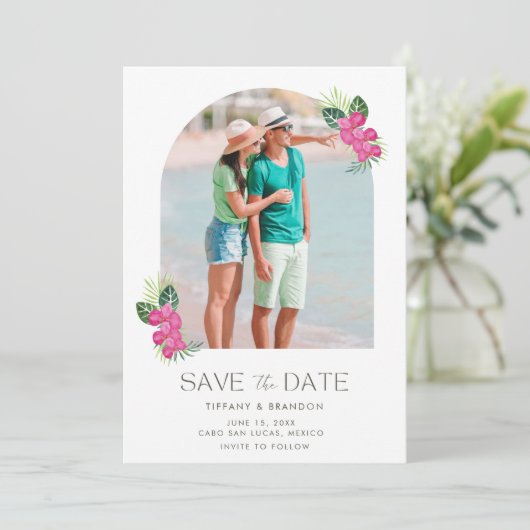 Save The Date Simple Tropical Flower Photo Plage Mariage (Debout devant)