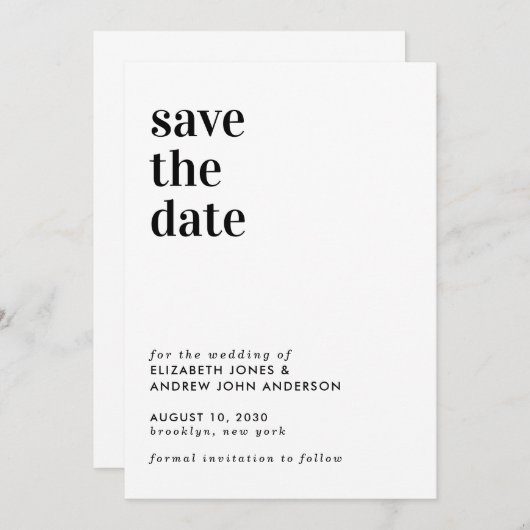 Save The Date Simple Typographie moderne Mariage Enregistrer la  (Devant / Derrière)