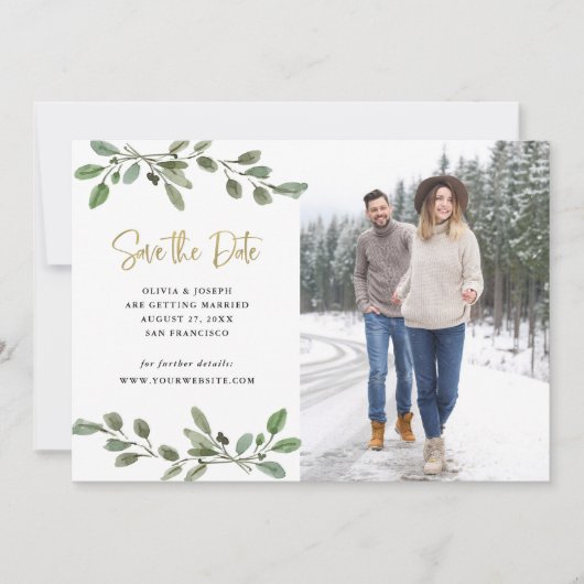 Save The Date Simple végétation à l'aquarelle et photo dorée (Devant)