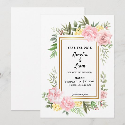 Save The Date Simplement Romantique Rose Fleur de Flora Mariage (Devant / Derrière)