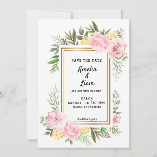 Save The Date Simplement Romantique Rose Fleurie Flore Mariage (Devant)