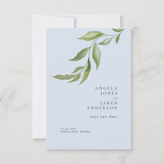 Save The Date Simplicité Feuillage Bleu Poussiéreux Mariage (Devant)