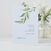Save The Date Simplicité Feuillage Bleu Poussiéreux Mariage (Debout devant)