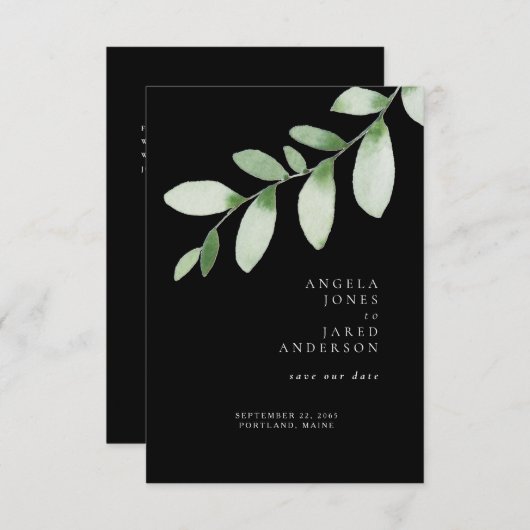 Save The Date Simplicité & Foliage Mariage noir Enregistrer notr (Devant / Derrière)