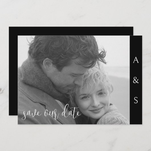 Save The Date Simplicité moderne noire B/W Photo horizontale (Devant / Derrière)