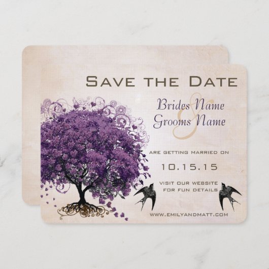 Save The Date Simply Peachy Purple Heart Leaf Tree Enregistrer l (Devant / Derrière)