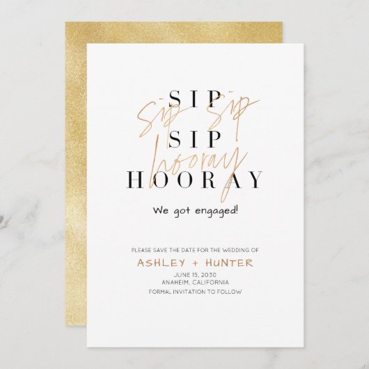 Save The Date Sip Sip Hooray Champagne Gold Fiançailles (Devant / Derrière)
