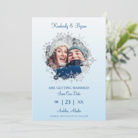 Save The Date Snowflake Winter Themed for Wedding Romantic Photo (Debout devant)