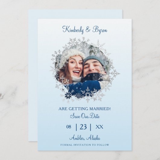 Save The Date Snowflake Winter Themed for Wedding Romantic Photo (Devant / Derrière)