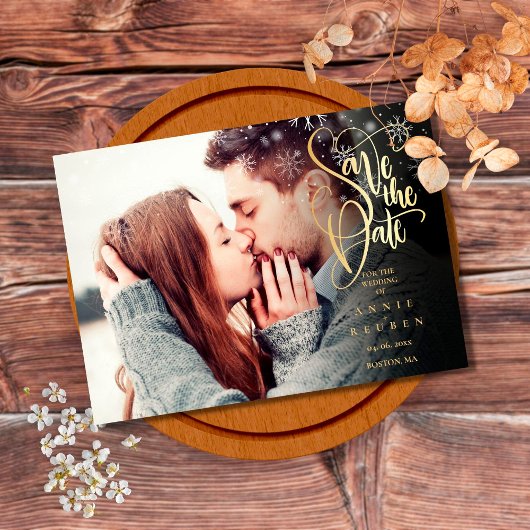 Save The Date Snowflakes d'hiver Élégant script d'or photo