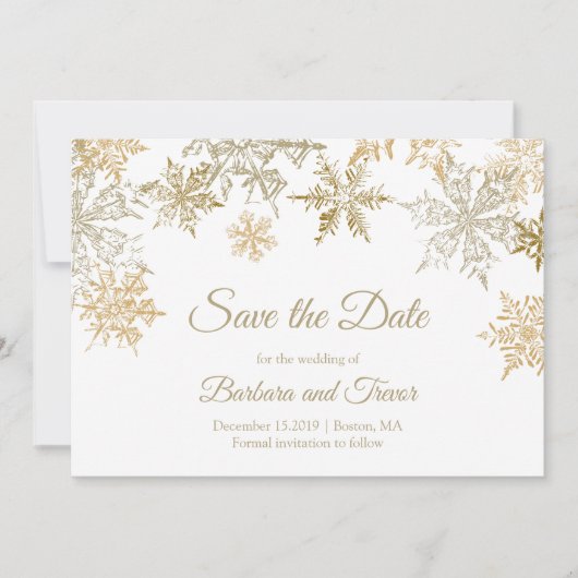 Save The Date Snowflakes Gold Thème de Noël Mariage d'hiver (Devant)