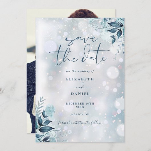 Save The Date Snowflakes Rustique Floral Photo Mariage (Devant / Derrière)