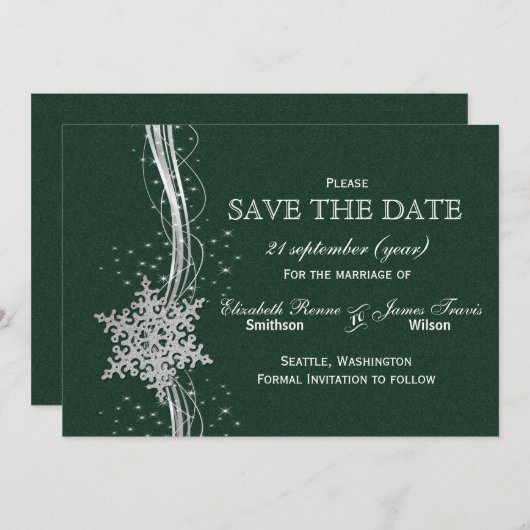 Save The Date Snowflakes Silver vert hiver enregistrer la date (Devant / Derrière)