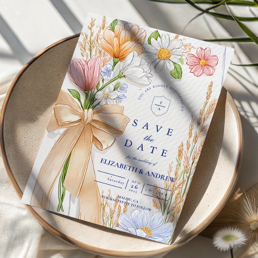 Save The Date Soft Blue Ribbon Floral Wedding