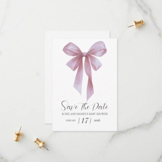 Save The Date Soft Pink Bow Girl Baby Shower (Devant/Arrière en situation)