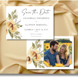 Save The Date Soft Rustic Grand Boho Sunflowers Mariage Photo<br><div class="desc">Célébrez votre amour avec notre mariage rustique boho économiser la carte de date, conçu pour donner le ton parfait pour votre journée spéciale. Doté de tournesols couleur aquarelle éclatants, d'un jaune doré, d'un brun terreux et d'un vert doux, joliment placés dans des coins opposés, ce design allie charme naturel et...</div>
