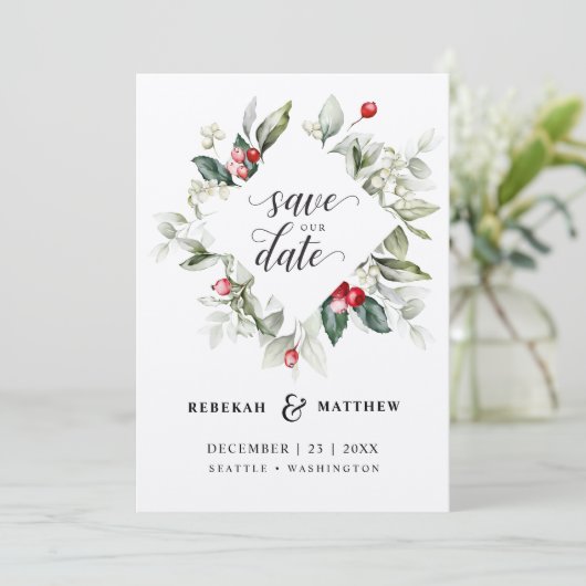 Save The Date Soft Winter Berry Mariage de Noël | Photo (Debout devant)