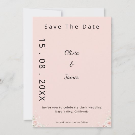 Save The Date Soie Rose Blush Peta Moderne Script Floral Chuchot (Devant)