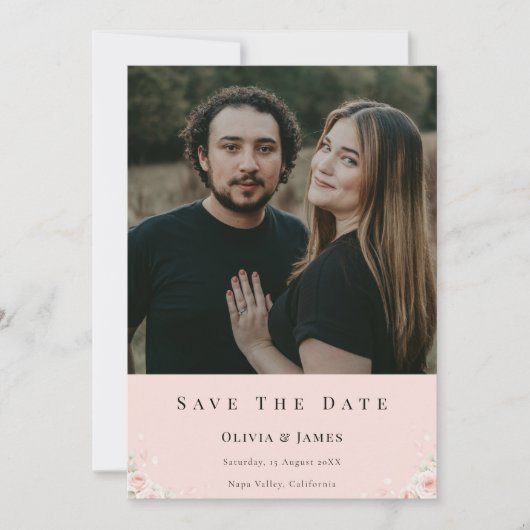 Save The Date Soie Rose Fleur Moderne Discrète Blush (Devant)
