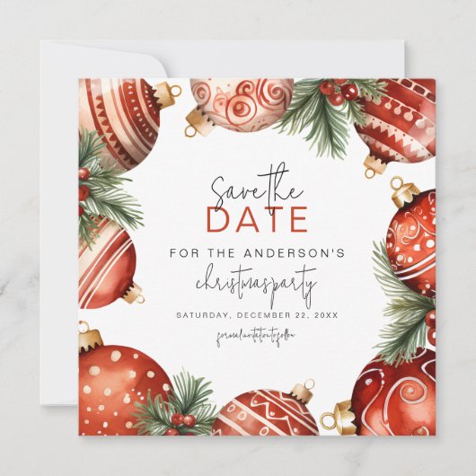 Save The Date Soirée d'ornements d'Arbre de Noël Rouge & Or (Devant)