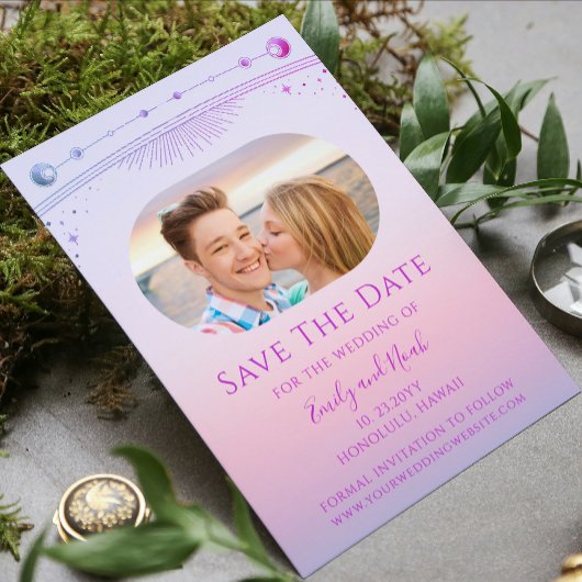 Save The Date Soleil Couché de soleil rose Lune étoiles Espace