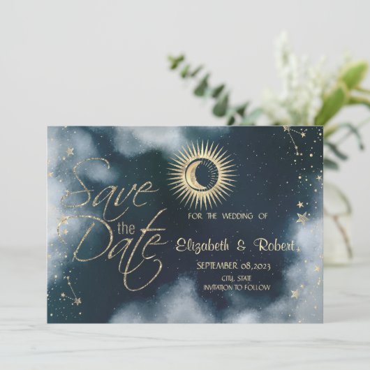 Save The Date Soleil d'or céleste, Lune, Ciel nocturne étoilé (Debout devant)