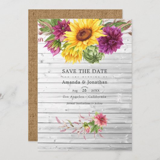 Save The Date Soleil et Bourgogne Plum Floral Rustic Mariage Pho (Devant / Derrière)