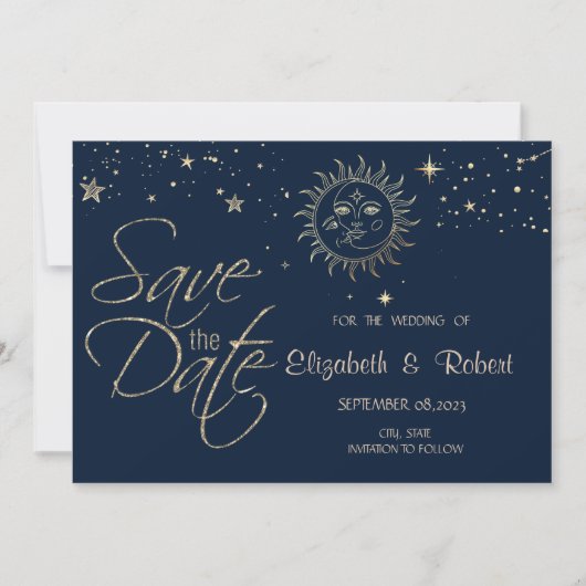 Save The Date Soleil Et Lune En Or Céleste (Devant)