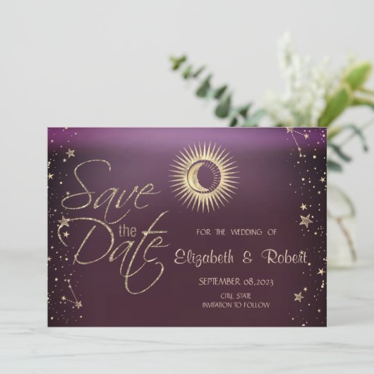 Save The Date Soleil Or Céleste Et Étoiles Lune Bourgogne (Debout devant)