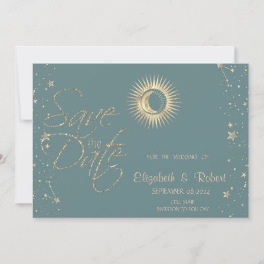 Save The Date Soleil Or Céleste Et Étoiles Lune Mint Vert (Devant)