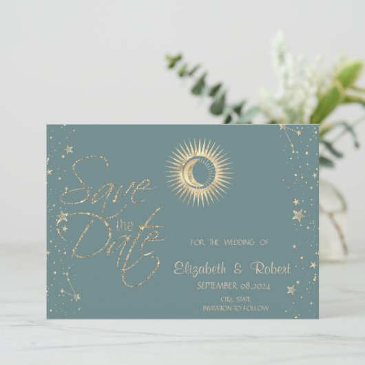 Save The Date Soleil Or Céleste Et Étoiles Lune Mint Vert (Debout devant)