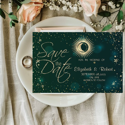 Save The Date Soleil Or Céleste Et Étoiles Lune Vert