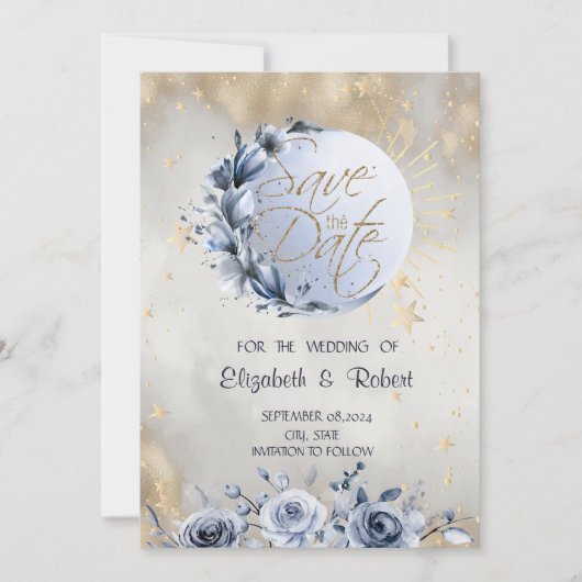 Save The Date Soleil Or Céleste, Lune Bleue Étoiles Roses (Devant)