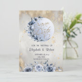 Save The Date Soleil Or Céleste, Lune Bleue Étoiles Roses (Debout devant)